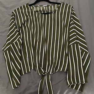Front tie green white and black striped top.